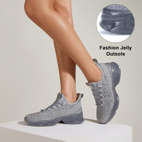 Women's Rhinestone Gray  Mesh Slip On Walking Breathable Glitter Sneaker Shoes - Picture 7 of 7